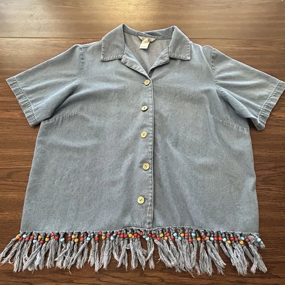 Stonebridge 1X Chambray‎ Denim Beaded Fringe Hem Shirt Festival Western Plus - Picture 6 of 13